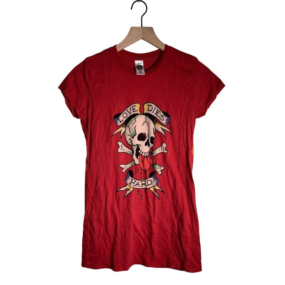 VINTAGE ED HARDY Y2K Red Short Sleeve Graphic Tee with Yellow Accents M